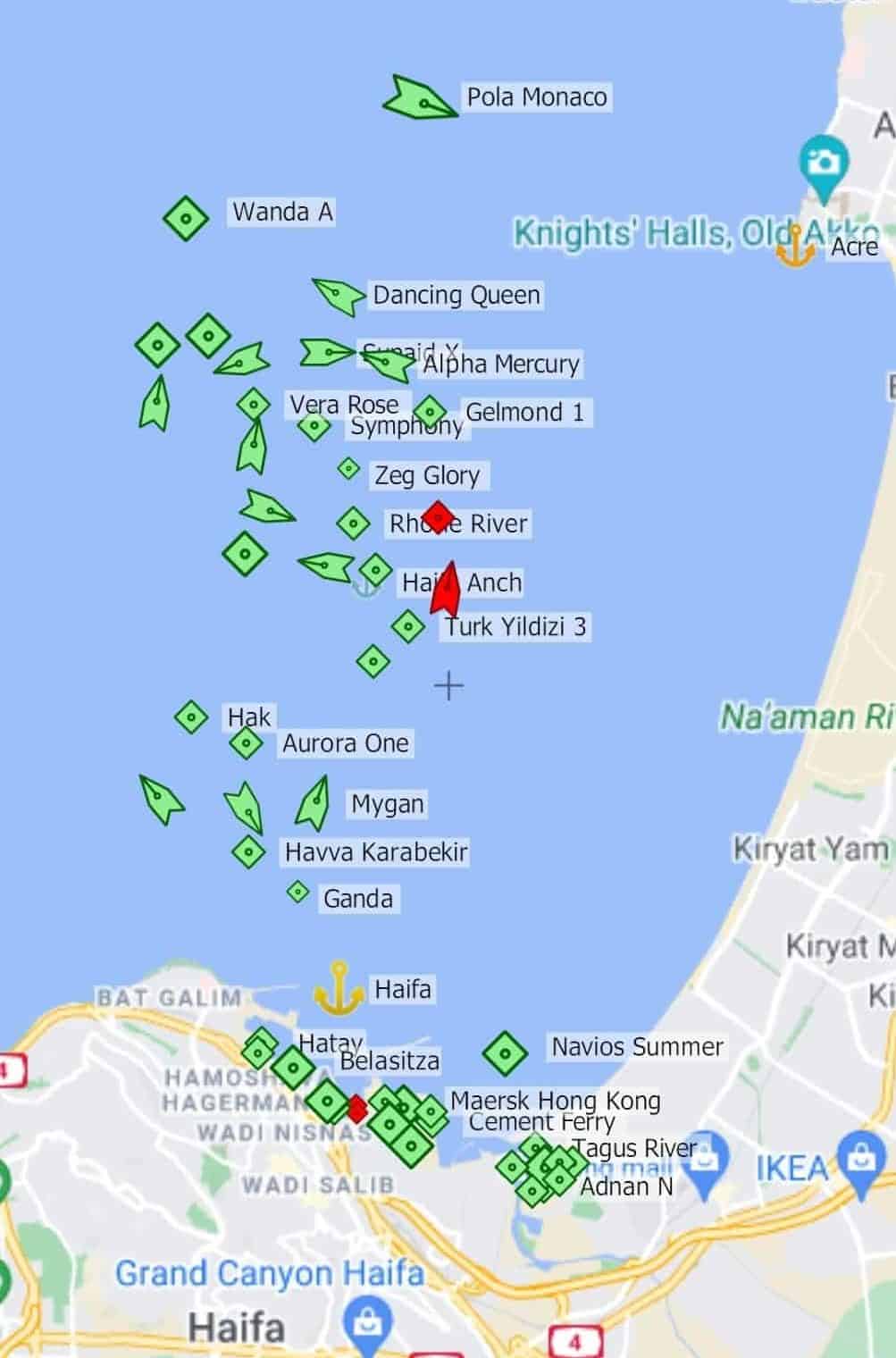 הפקק הימי במפרץ חיפה, צילום מסך מאתר חנ"י
