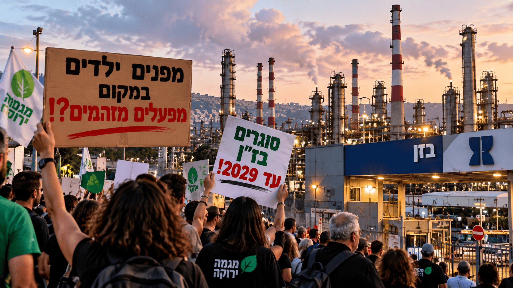 אחרי חריגות הבנזן ופינוי התלמידים: בתי הזיקוק קיבלו אישור לחדש את העבודות במפרץ חיפה 2 מחאה מול בז״ן בשעת שקיעה